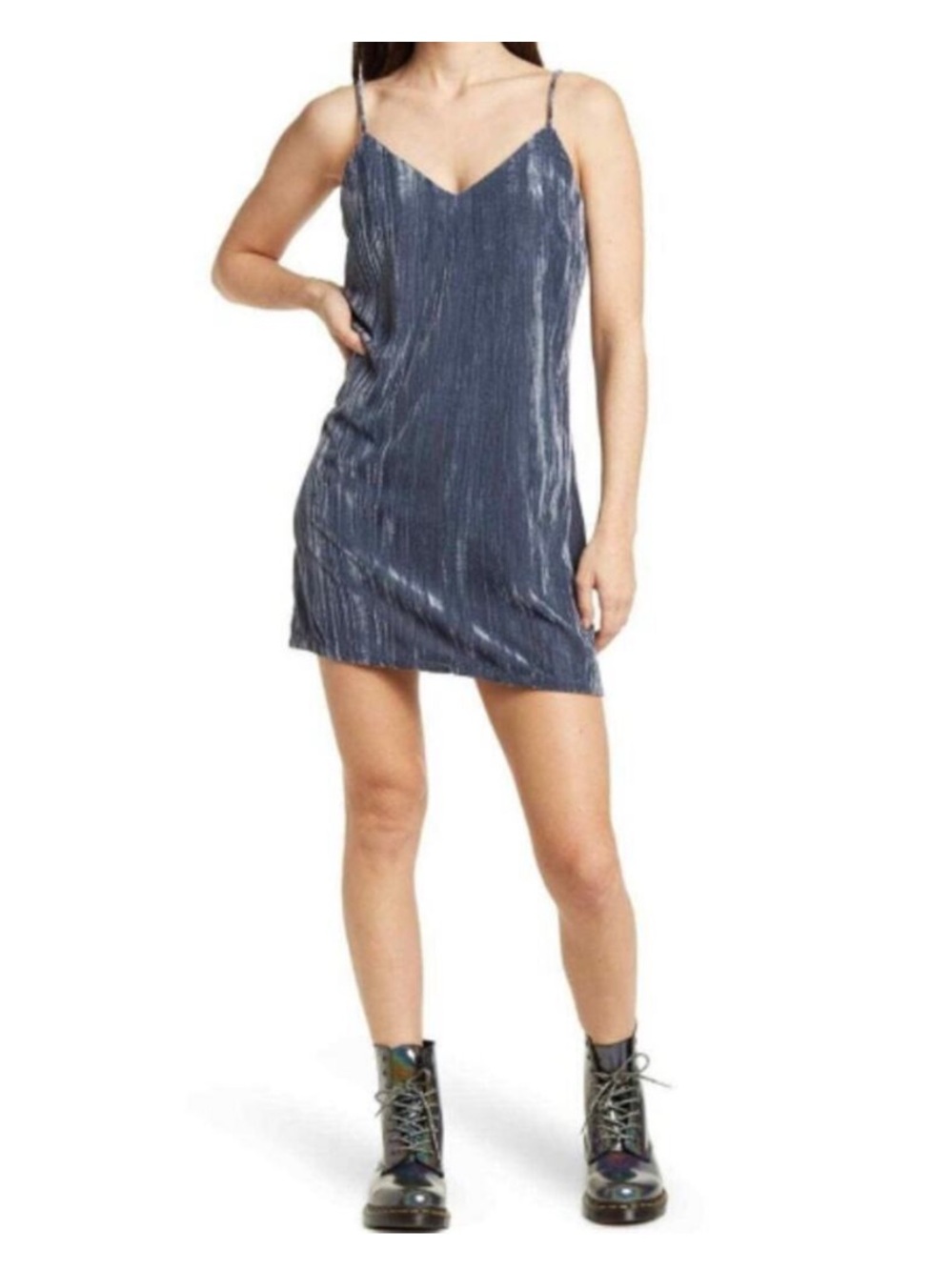 Elodie Velvet Slate Grey Blue V-Neck Slip Dress Mini Dress Cami Dress NWOT